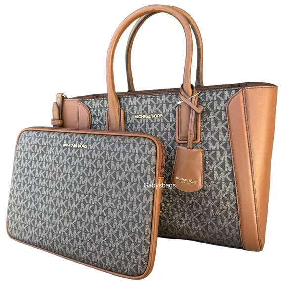 Michael Kors Kali Medium Satchel Crossbody + Ipad Case Brown Gold MK - Picture 7 of 8